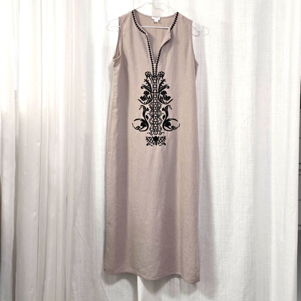 2/$30‎ Singrid Olsen Taupe Embroidered Maxi Linen Blend Dress Size S